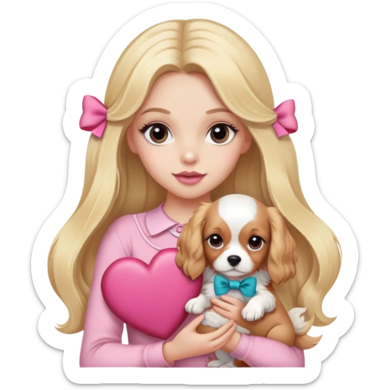 Pretty blonde bombshell girl with long hair and long eyelashes and a pink bow in her hair. She is holding a cavalier puppy in her arms and there is a huge heart behind her sticker