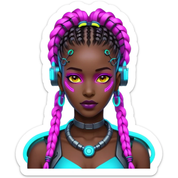Cyberpunk African woman with futuristic braids, neon glowing accessories, tech implants, and vibrant colors sticker