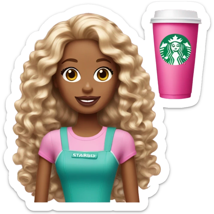 Barbie girl with brown and blonde long curly hair holding Pink starbucks refresher sticker