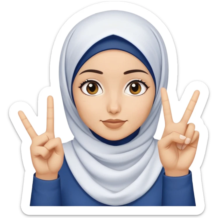 White hijab girl wearing white tshirt and dark blue hijab doing peace sign sticker