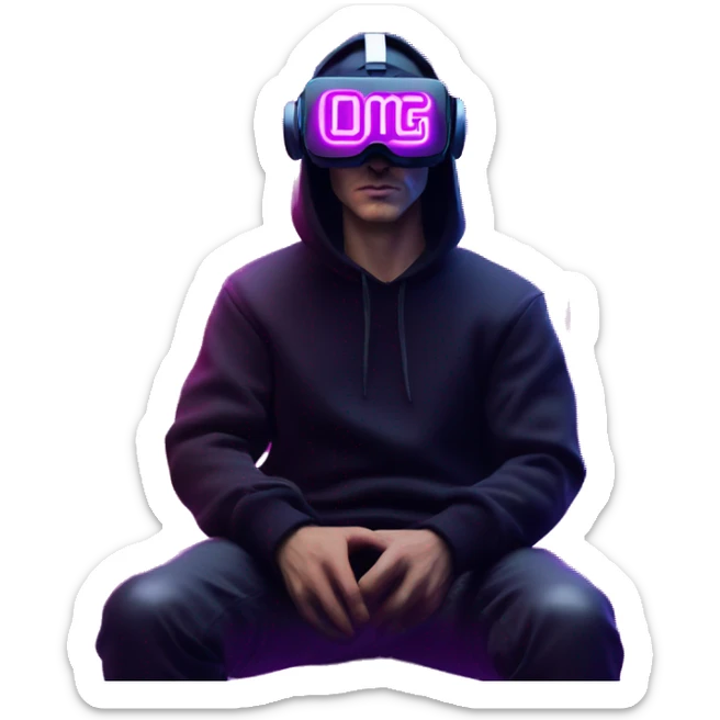 Russian man wearing a black hoodie with "OMG" letters on it and VR headset in a cyberpunk VR environment with violet neon lighting. sticker