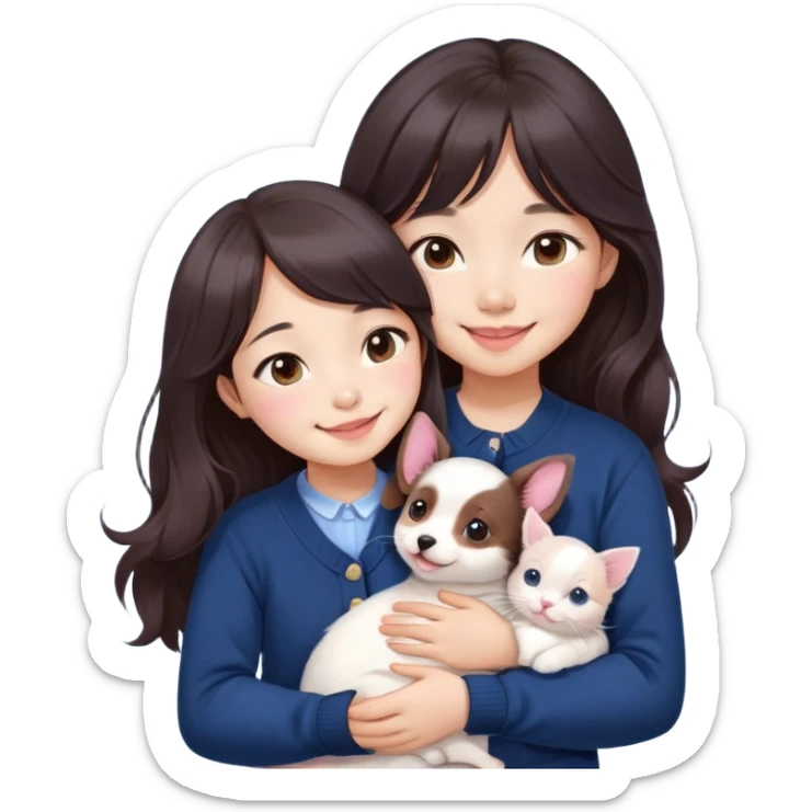 Cute asain girl with a cute smile, long dark brown wavy hair, straight bangs covering forehead, pink blushy cheeks. Wearing a cute navy blue cardigan,. Cuddling a white kitten and dashund puppy  sticker