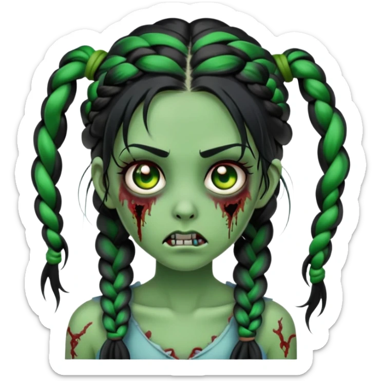 zombie girl, green skin color, black hair, long hair, hair braided on both sides  sticker