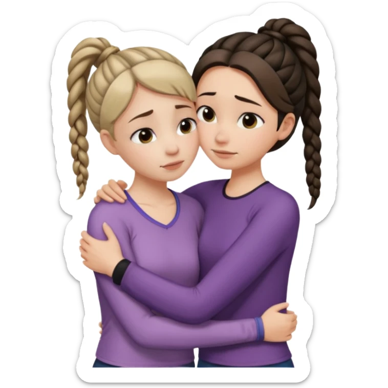 Comforting Hug two white skin women, one shorter woman with medium brown simple top ponytail, not braided, and one taller skinny sad face woman with a single long black side braid sticker