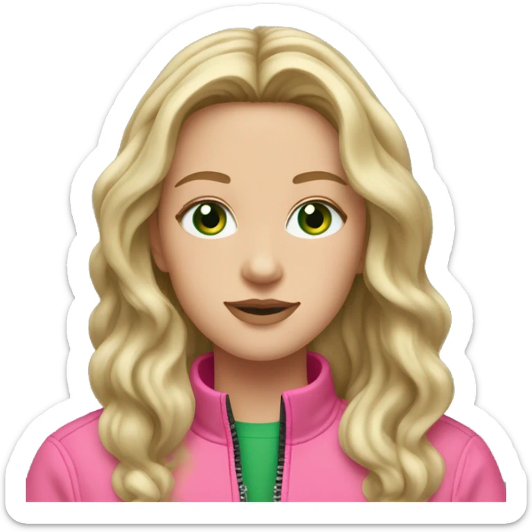 white girl with green eyes and long wavy hair with a pink quarter zip up jacket sticker