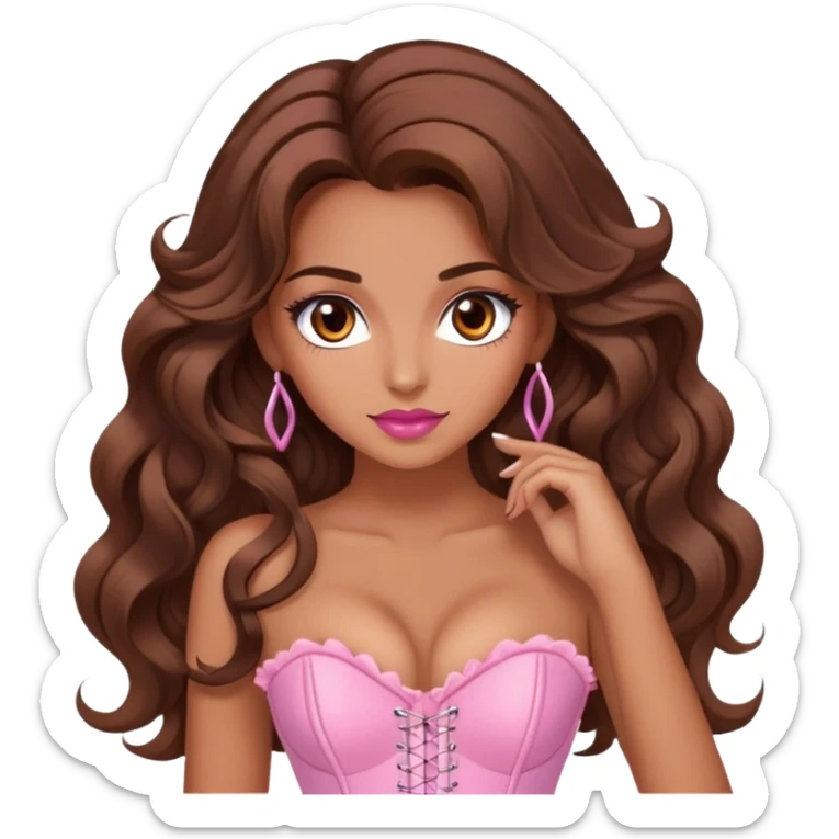Une femme à la peau mat et aux cheveux long, châtain et ondulé. Elle a les yeux marron et elle est maquiller, elle porte un corset rose.  sticker
