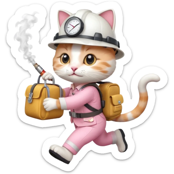 A cute white and pink cat dressed as engineer with a white helmet running very fast carrying her cute bag leaving a smoking footsteps sticker
