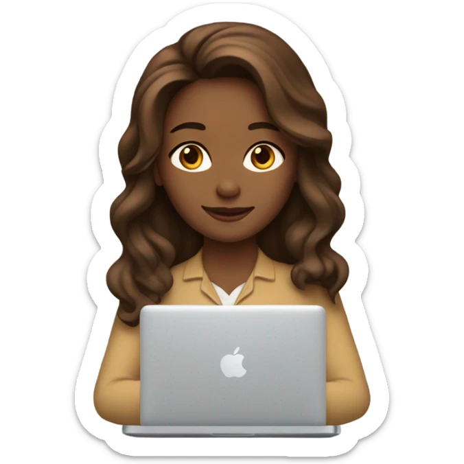 a woman with brown long wavy hair and brown eyes and white skin with macbook sticker