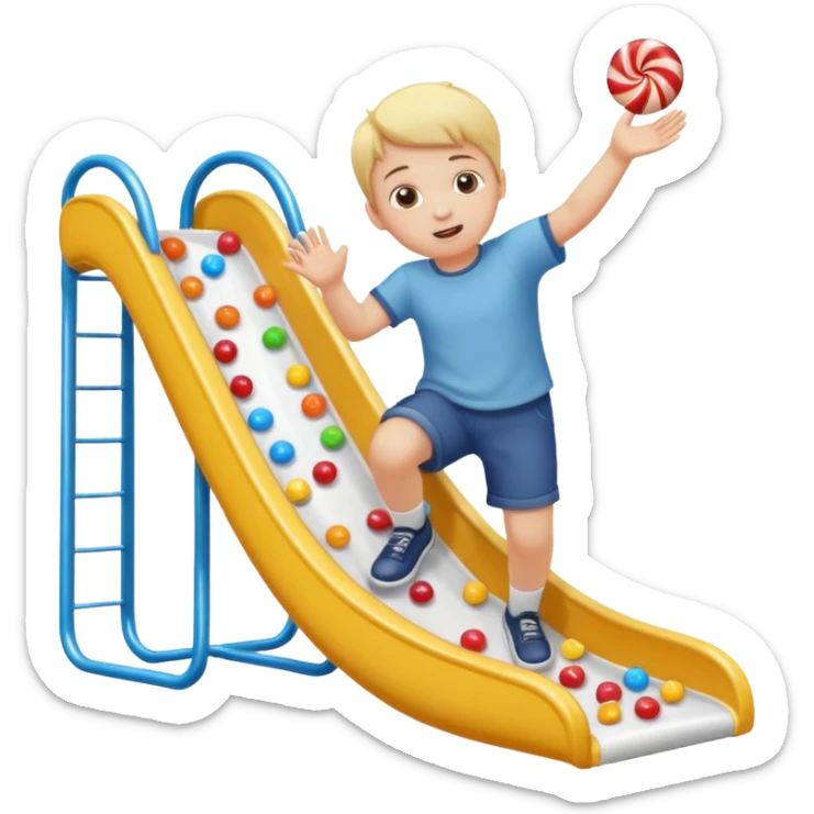 un niño blanco tirandose por un tobogan con dulces en las manos sticker