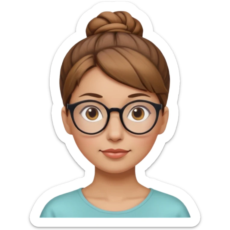 femme de 38 ans avec des cheveux châtain clair, un chignon haut, yeux bruns, lunettes rondes sticker