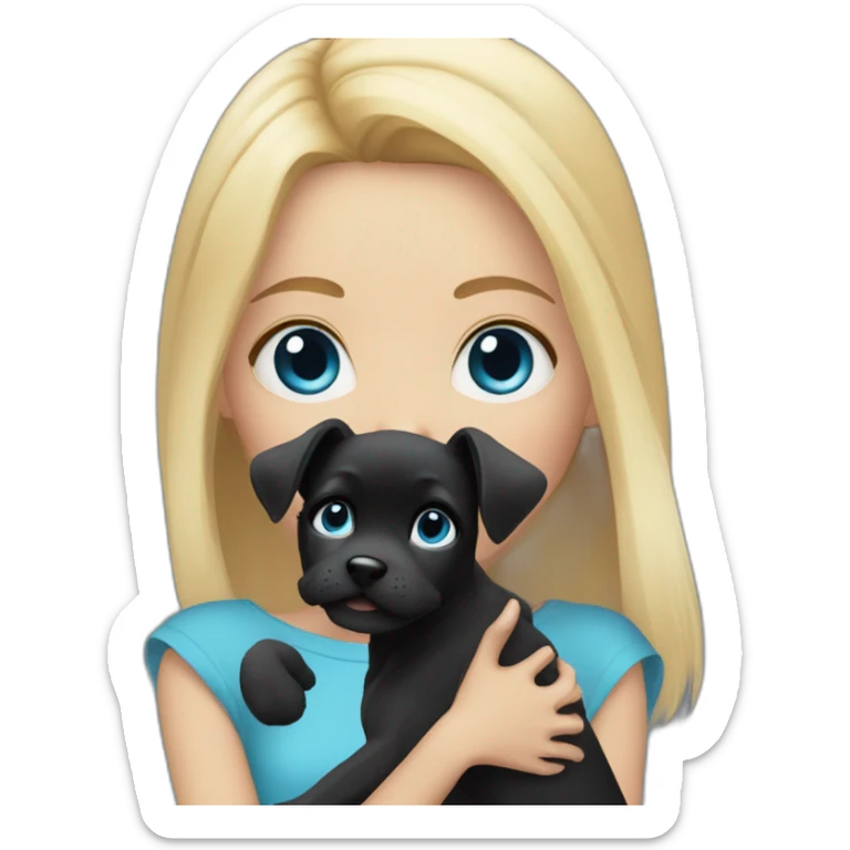 girl with straight blonde hair and blue eyes holding a fluffy black puppy sticker
