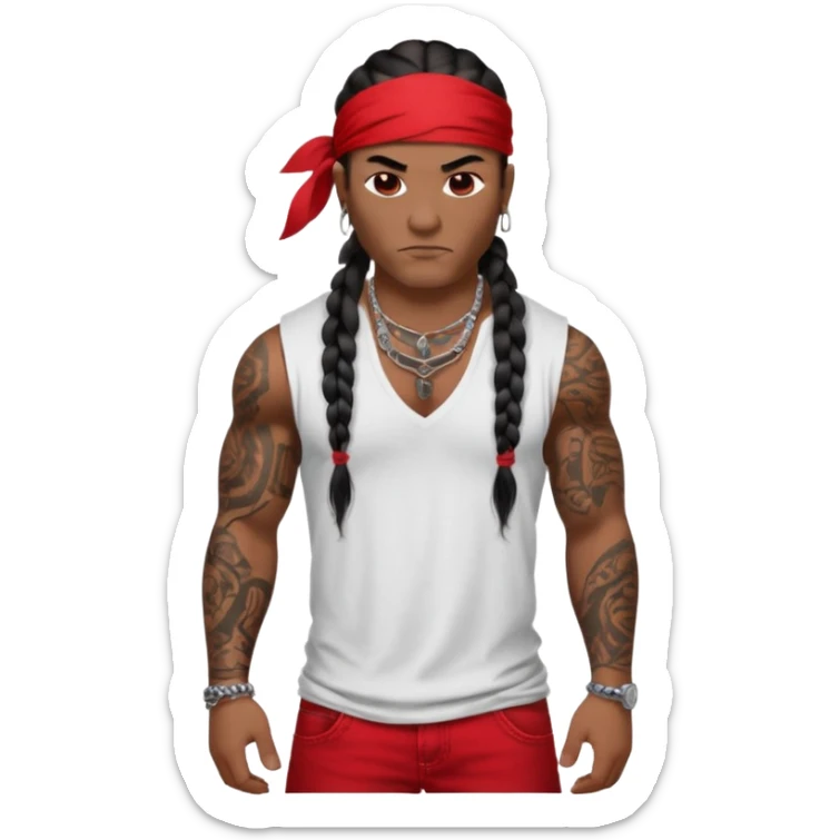 Samoan male with loose fitting white t-shirt. Red bandana. Red jeans. long braided hair, very muscular, tattoos. street culture clothing. Tough and menacing. Gangster loca. sticker