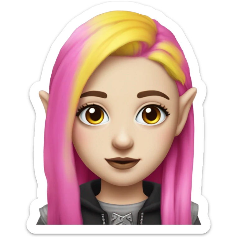 Blue eyed long eye lashes blonde and pink hair pale hime gyaru girl, hot pink and yellow split-dyed hair, nose ring, elf ears, dark makeup, punk clothes sticker