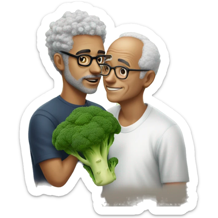 man in his 20s with broccoli hair and glasses kissing an aged man sticker