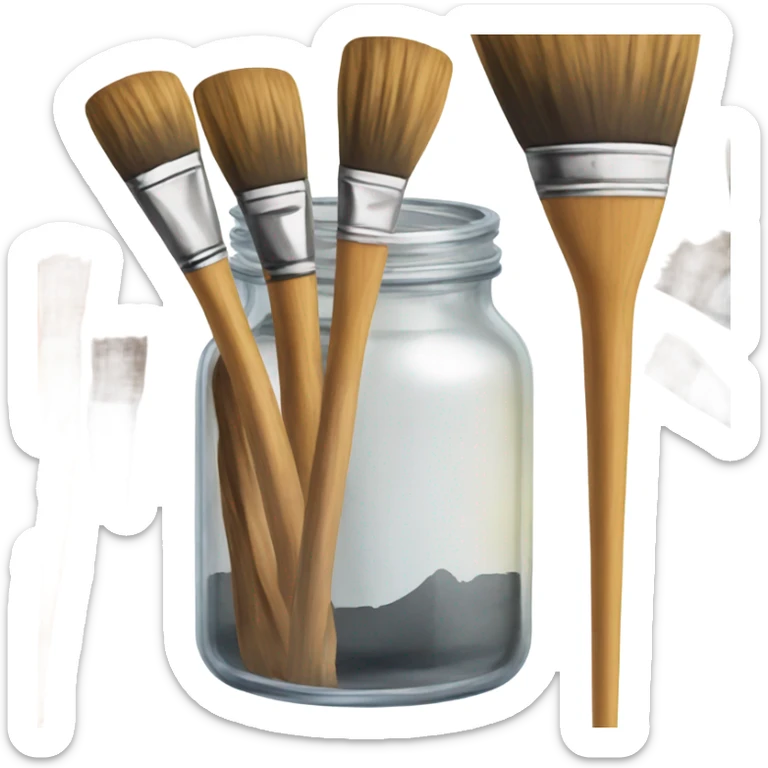 glass jar of wooden paint brushes next to watercolor set sticker