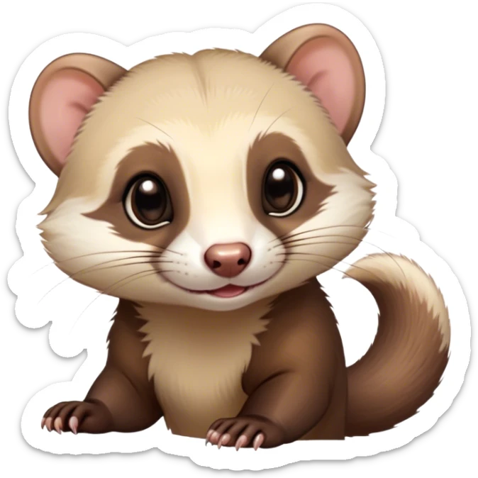 Cinematic Cute sable ferret Portrait Emoji, Head tilted playfully, with an elongated, flexible body and a characteristically curious expression, featuring a short, pointed snout, bright, sparkling eyes, and soft fur in warm brown and cream tones, Simplified yet irresistibly adorable features, highly detailed, glowing with a warm, friendly glow, high shine, affectionate and lively, stylized with a touch of whimsical mischief, soft glowing outline, capturing the essence of a fun-loving and mischievous sable ferret that feels like it could scamper straight into your heart! sticker