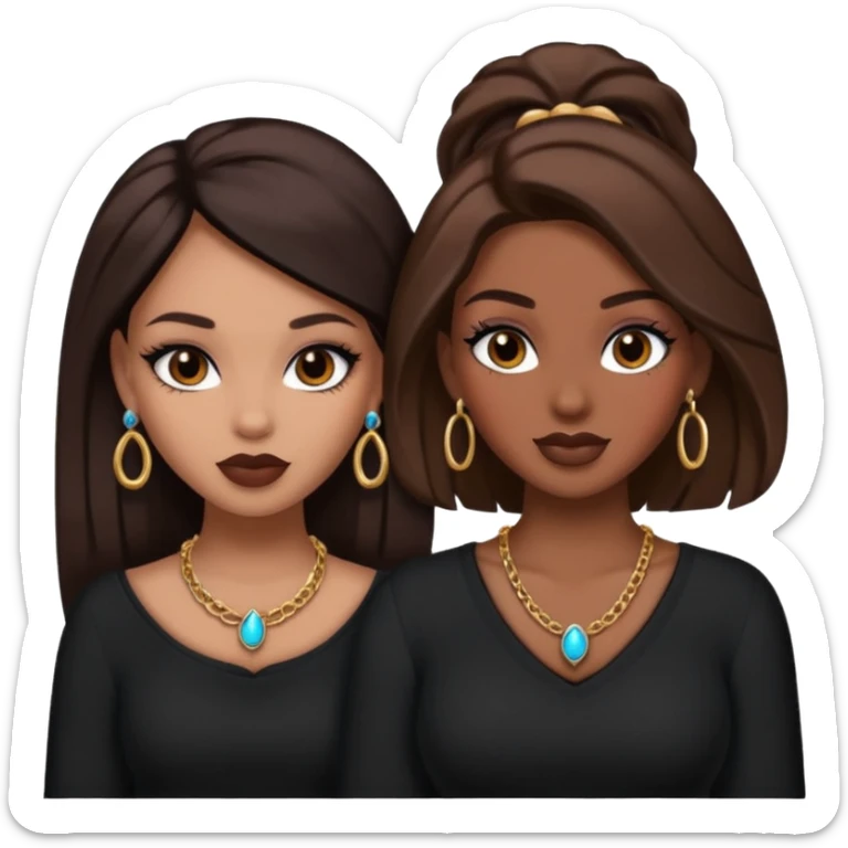 Boujy baddie best friends, trendy heavy makeup both dark hair one light skinned and one mocha brown pretty hair both wearing black and earrings and necklace one mocha brown skin sticker