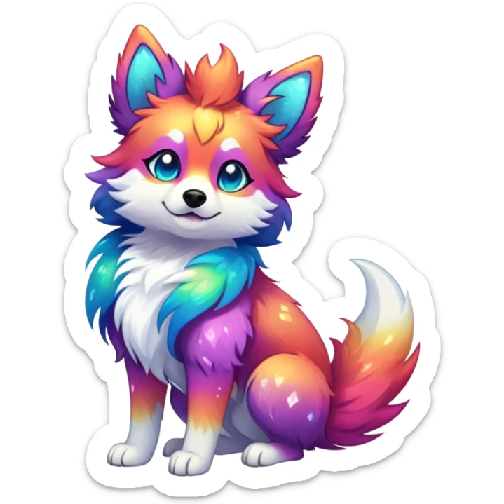 Vibrant multicolored Falvie-Fionbri-creature-sparkle-dog-fursona, full body sticker