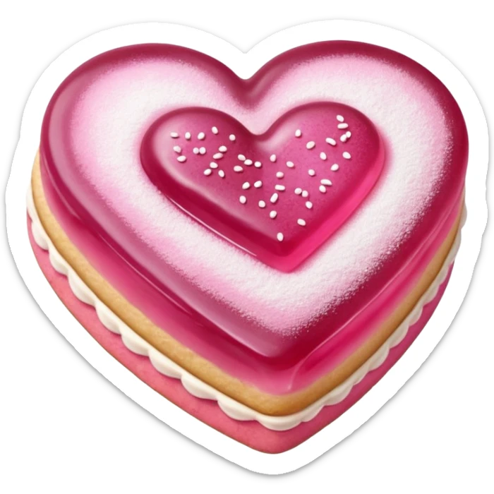 Realistic shortbread cookie in the shape of a heart with pink jelly middle filling and sprinkled powder sugar on top. sticker