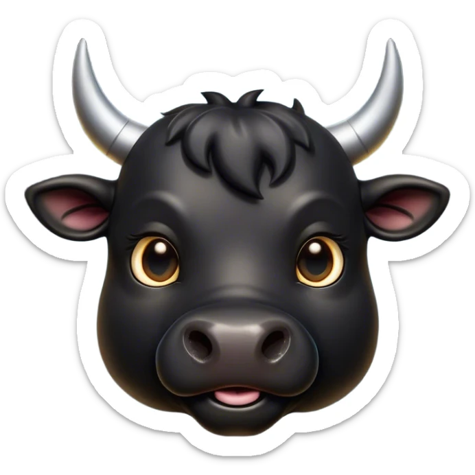 Cinematic Cute Black Bull Portrait Emoji, Head tilted playfully and inquisitively, featuring a glossy, robust black hide with a striking sheen, round, sparkling dark eyes filled with gentle curiosity, Simplified yet irresistibly adorable features, highly detailed, glowing with a warm, friendly glow, high shine, affectionate and imposing, stylized with a touch of rugged charm, bright and endearing, soft glowing outline, capturing the essence of a mischievous yet loving bull, so playful it feels like it could stomp out of the screen and into your arms! sticker