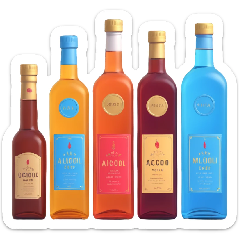 Four bottles of alcohol, each with distinct shapes and labels, arranged neatly in a row. The bottles should vary in color and size, with detailed labels and caps. sticker