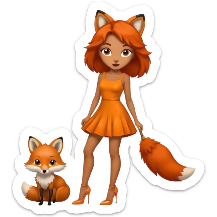 Pretty girl with caramel skin and freckles. Wearing a small sexy dress. Also dressed as a fox wearing heels sticker