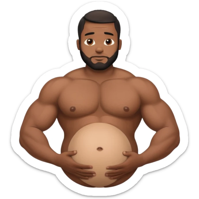 A shirtless pregnant burly black man holding his pregnant belly  sticker