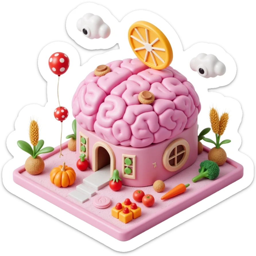 Exterior view of a surreal brain-shaped farm built on a small square platform, pastel-colored buildings shaped like candy neurons, wheat and vegetables growing from soft cloud-like soil, floating eyes and abstract shapes in the background, dreamcore aesthetic, no robots, emoji-style sticker