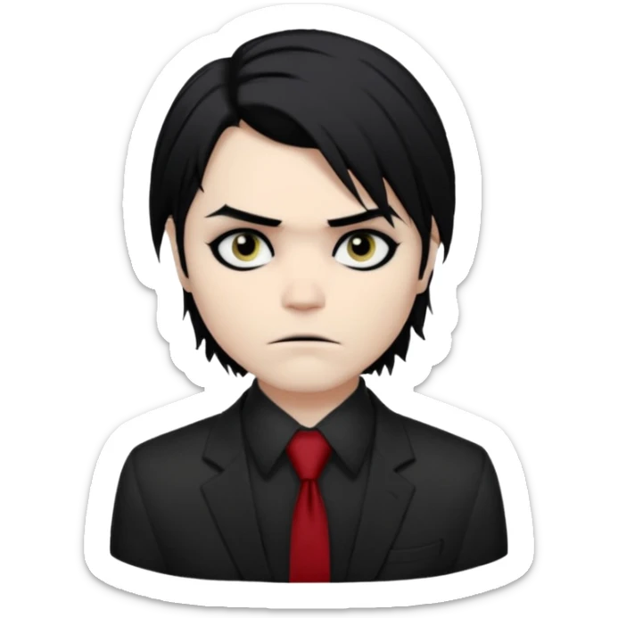 Gerard Way (Revenge Era)
Round, simplified emoji style
Pale skin tone dark eyes
-black, shoulder-length hair messy and emo
Heavy eyeliner and shadow under the eyes
Subtle serious face
Hint of red tie visible on black button up shirt.
Transparent background. Black eyeliner. Messy emo hair sticker