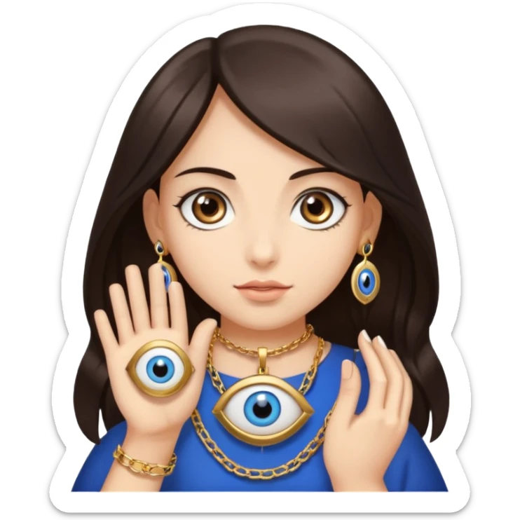A girl with dark brown hair is holding a huge evil eye amulet in her hand. sticker