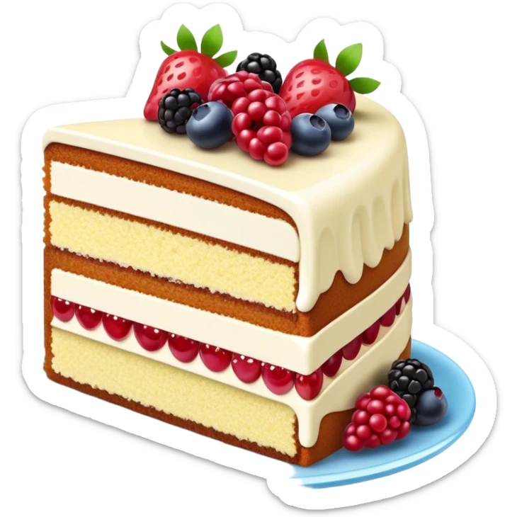Cinematic luxurious slice of cake, delicate layers of moist sponge and rich frosting, beautifully decorated with fresh berries and a glossy glaze, soft glowing light, elegant and indulgent. sticker