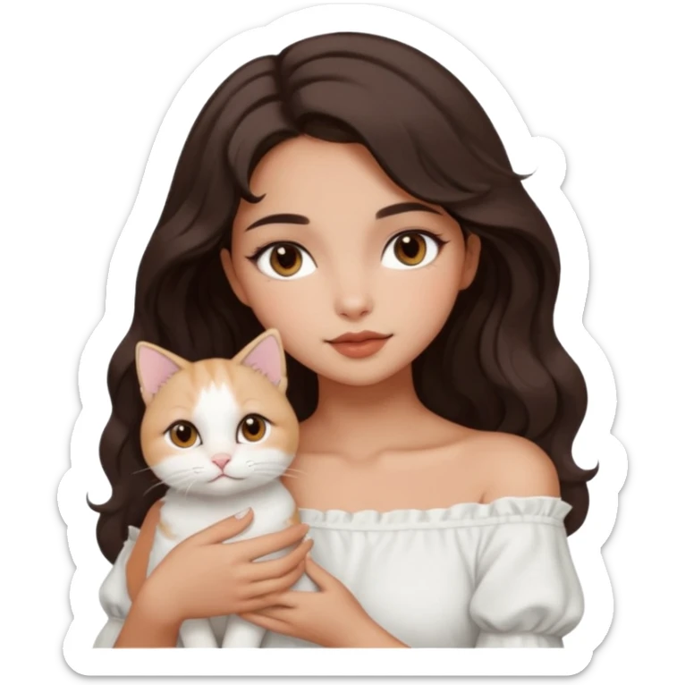aesthetic girl with warm tan skin tone, doe-shaped dark brown eyes, softly arched eyebrows, round face, off-shoulder length 2b wavy hair, full lips, holding a white cat sticker
