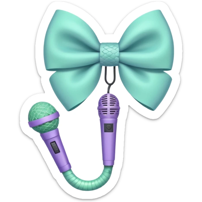A pastel blue bow with a pastel a pastel green snake at the top of one side and a pastel purple microphone on the bottom of the other side of the bow sticker