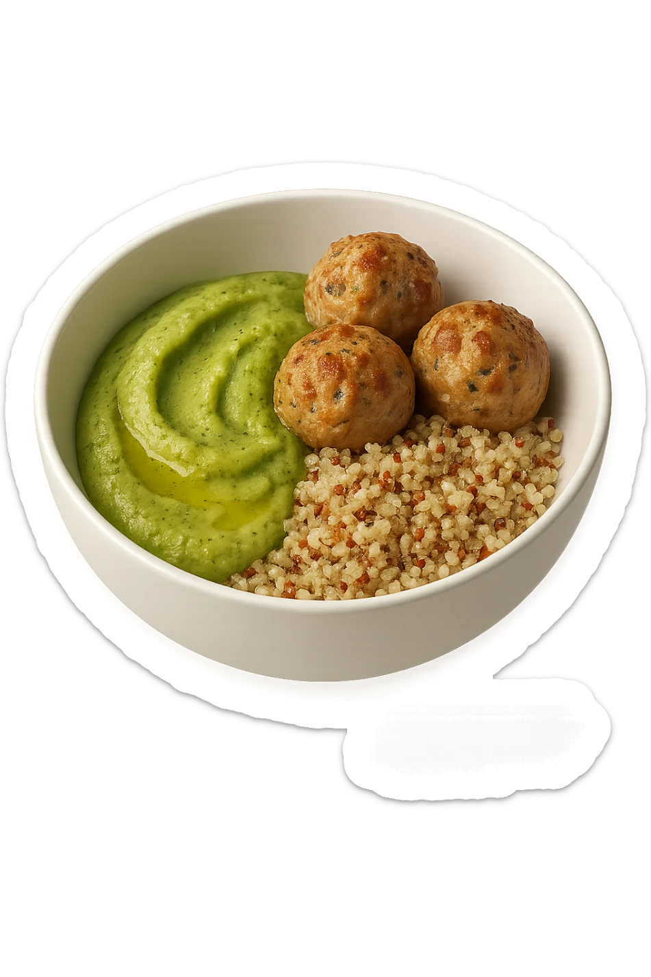 bowl bianca fluttua in aria con polpette di tacchino, purè di zucchine, quinoa e olio di oliva, iperrealistico 4k sticker