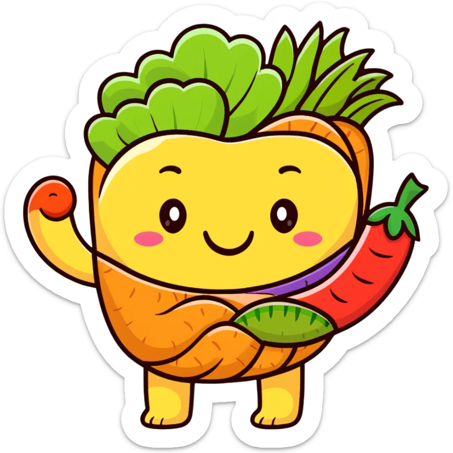 Cute cartoon representation of dietary fiber with happy vegetables, fruits, and whole grains linked by fibrous strands, with a smiling intestine character showing improved digestive health sticker