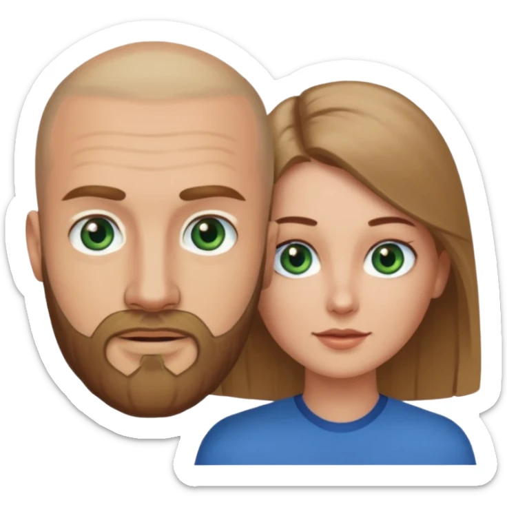 Man on left with shaved head with dark blonde beard and blue eyes and woman on the right with long brown hair green eyes  sticker