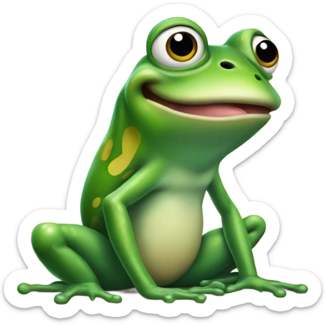 Frog sitting face front on his leg with his tongue whipped out to catch a little fly sticker