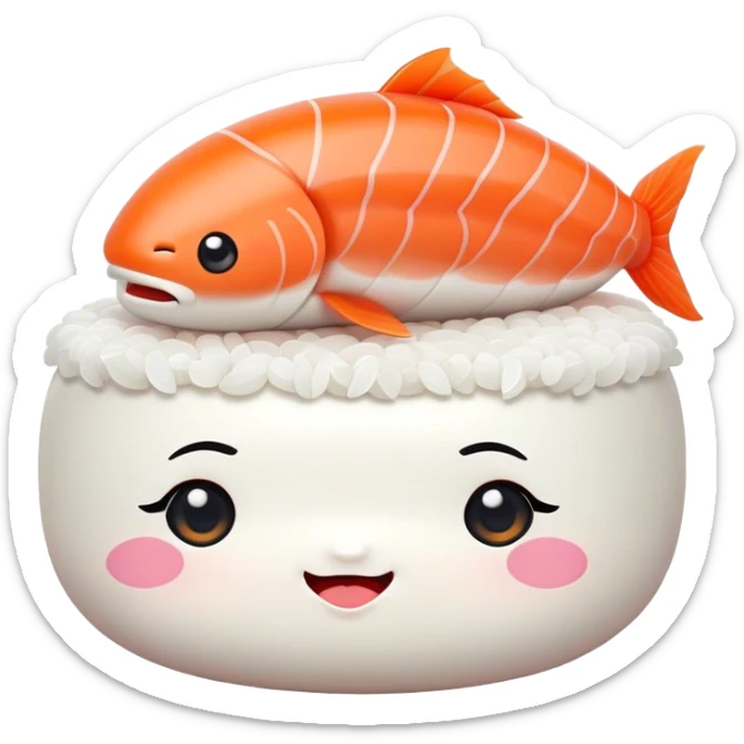 Cute Kawaii Nigiri Sushi, plump and happy, a soft white rice pillow topped with bright orange salmon, tiny blushing cheeks, big round eyes, a joyful floating expression! sticker