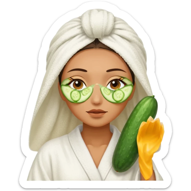 woman at the spa with cucumbers slices covering her eyes and tan skin tone with towel completely covering hair and robe on no hands showing sticker