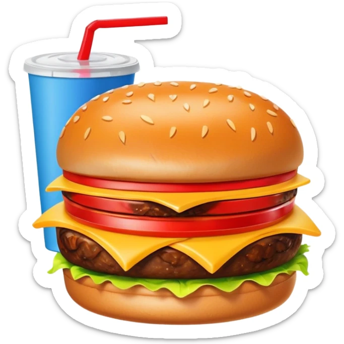 A clean and simple icon of fast food in emoji-style illustration. A burger with fries and a soda cup, bright and bold colors, simple shapes, flat design, high contrast, inviting and appetizing. sticker
