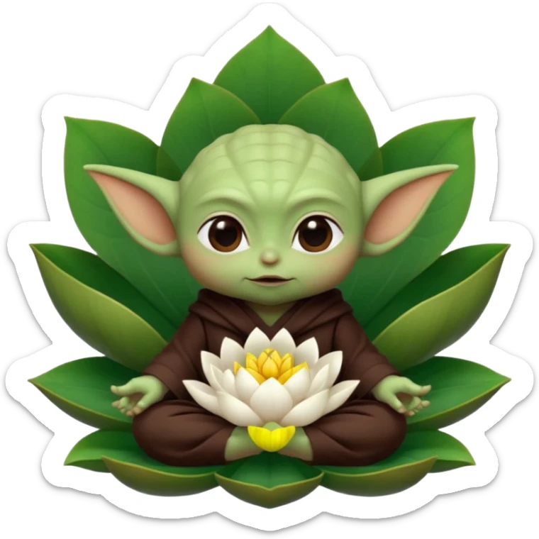 Baby Yoda con su tunica chocolate oscuro sentado dentro de una flor de loto sticker