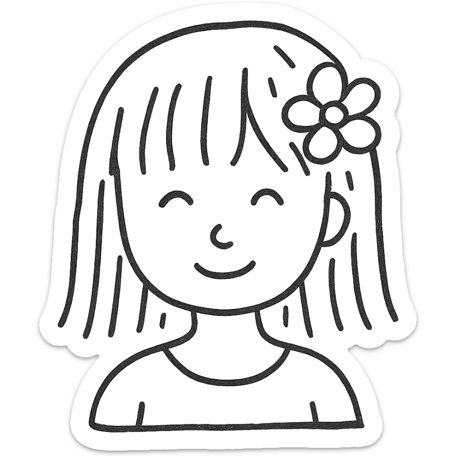 girl with straight hair, flower in hair, summer hand-drawn style outlined icon sticker