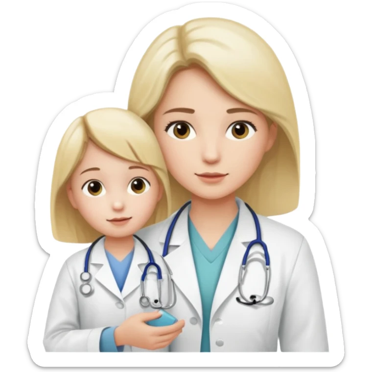 A young medic (woman) attending to a child patient at the local hospital sticker