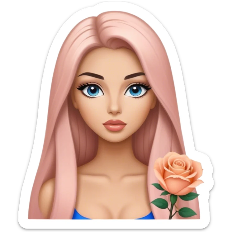 Glamours, tanned, very beautiful girl, with big pump peach-beige-rose lips, long long lashes, black straight smooth silky long hair, straight parting hair, blue-grey eyes sticker
