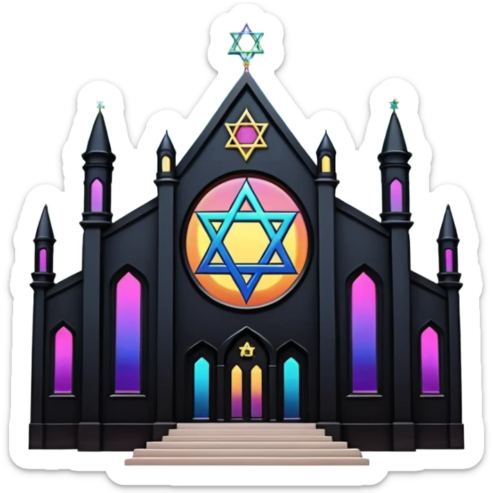 jewish synagogue temple in dark goth aesthetic style with black building and rainbow tint glass windows and star of david and celestial symbolism of peace and acceptance  sticker