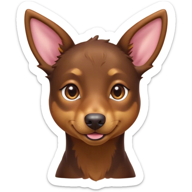 Cinematic Cute Brown and Tan Kelpie Portrait Emoji, Head tilted playfully and inquisitively, featuring a glossy brown Fur with vibrant tan accents, round, sparkling warm eyes filled with curiosity, Simplified yet irresistibly adorable features, highly detailed, glowing with a warm, friendly glow, high shine, affectionate and spirited, stylized with a touch of whimsy, bright and endearing, soft glowing outline, capturing the essence of a mischievous yet loving herder, so playful it feels like it could leap out of the screen and into your arms! sticker