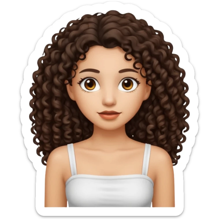Woman with light skin and dark brown eyes and dark brown long curly hair and white tube top sticker