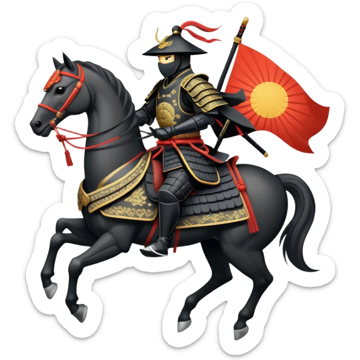 clash-of-clans-aesthetic_-cinematic-fearsome-and-majestic-samurai-bust-portrait-emoji, rendered in a flat, vector-style with minimal shading and bold, simplified shapes typical of emoji art, depicting a battle-hardened samurai with black mask and traditional black Japanese armor. The samurai is riding a noble grey warhorse adorned with an intricately designed saddle and fluttering banners and a rising sun. a zoomed in samurai riding on a  horse sticker