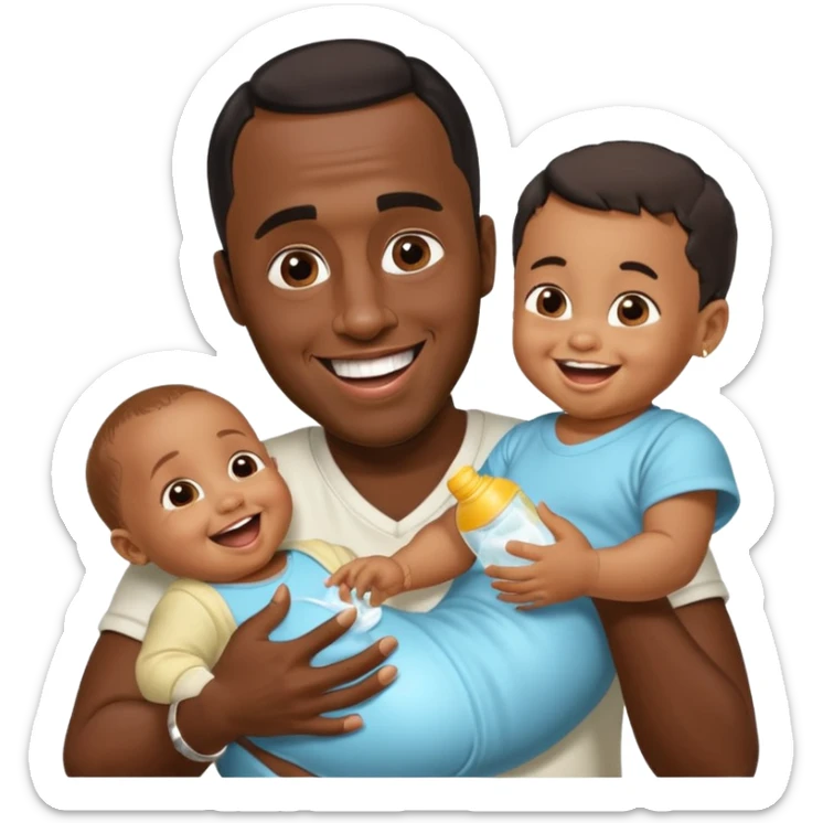 Sean “Diddy” Combs with baby oil and a very small infant and he’s pouring the baby oil on the infant that is laughing with a very exaggerated expression sticker