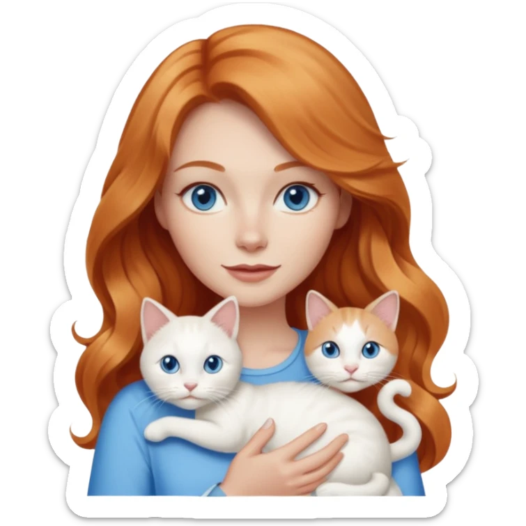 Long wavy strawberry blonde blue eyes woman with a white cat with blue eyes sticker
